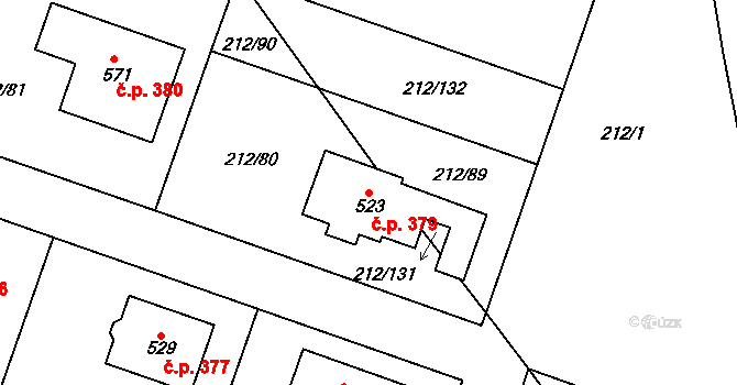 Všeruby 379 na parcele st. 523 v KÚ Všeruby u Plzně, Katastrální mapa