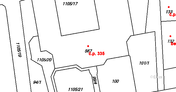 Čechtice 335 na parcele st. 567/1 v KÚ Čechtice, Katastrální mapa