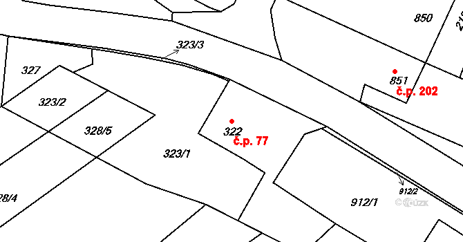 Krásné Pole 77, Ostrava na parcele st. 322 v KÚ Krásné Pole, Katastrální mapa