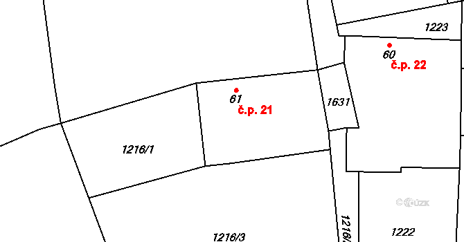 Březí 21, Zhoř na parcele st. 61 v KÚ Březí u Milevska, Katastrální mapa