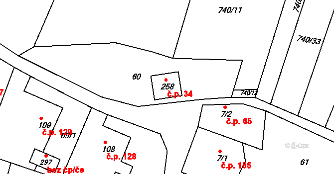 Přibyslavice 34 na parcele st. 258 v KÚ Přibyslavice u Velké Bíteše, Katastrální mapa