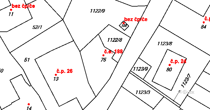 České Lhotice 188 na parcele st. 75 v KÚ České Lhotice, Katastrální mapa