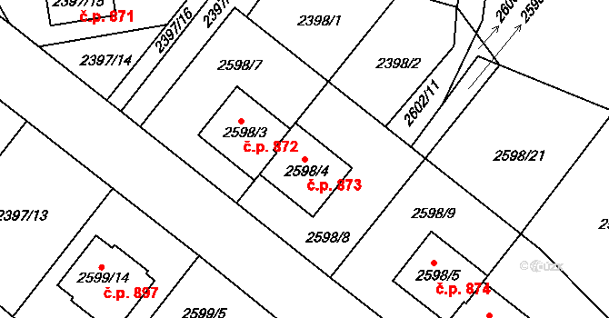 Protivín 873 na parcele st. 2598/4 v KÚ Protivín, Katastrální mapa