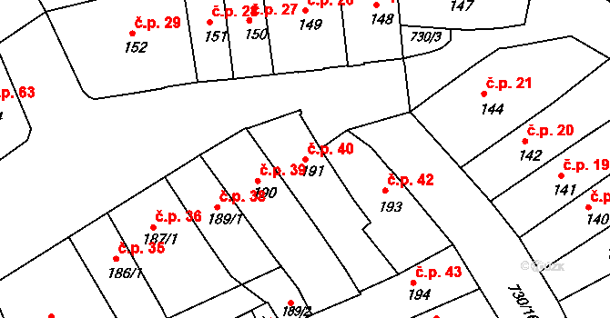 Broumov 40 na parcele st. 191 v KÚ Broumov, Katastrální mapa