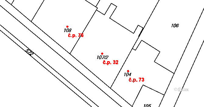 Kladruby nad Labem 32 na parcele st. 107/2 v KÚ Kladruby nad Labem, Katastrální mapa