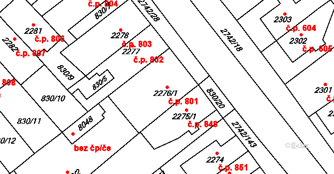Bílé Předměstí 801, Pardubice na parcele st. 2276/1 v KÚ Pardubice, Katastrální mapa