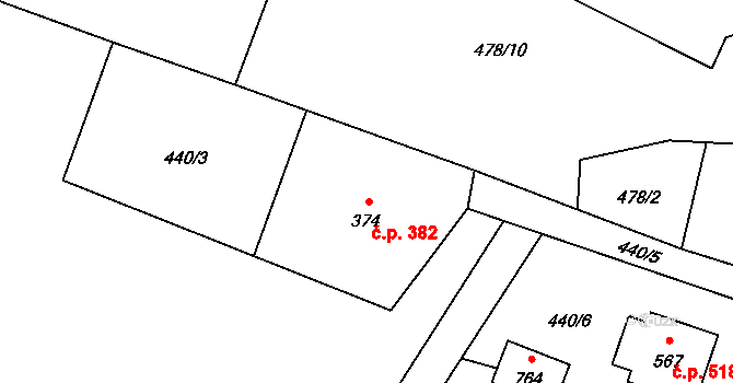 Mořkov 382 na parcele st. 374 v KÚ Mořkov, Katastrální mapa