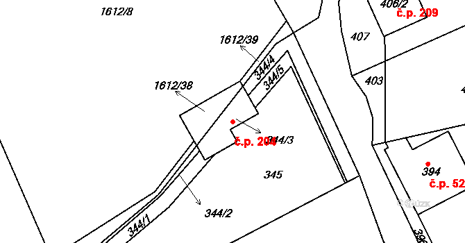 Chaloupky 204 na parcele st. 344/3 v KÚ Chaloupky, Katastrální mapa