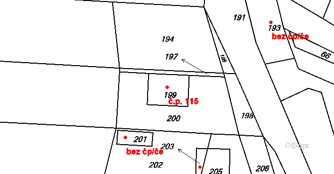 Popovice 115, Rataje na parcele st. 199 v KÚ Popovice u Kroměříže, Katastrální mapa