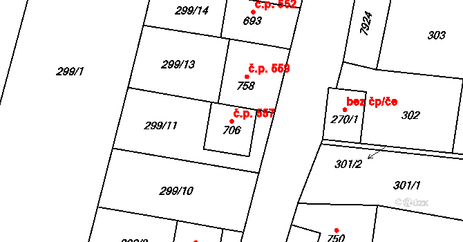Dambořice 557 na parcele st. 706 v KÚ Dambořice, Katastrální mapa