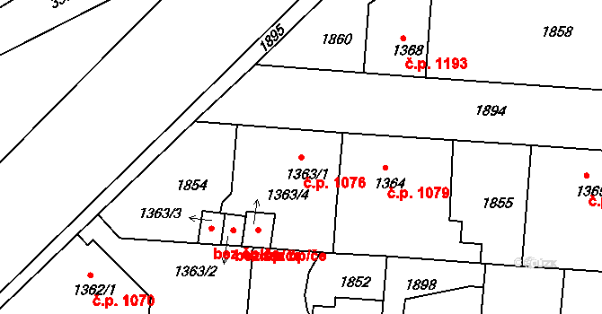 Brandýs nad Labem 1076, Brandýs nad Labem-Stará Boleslav na parcele st. 1363/1 v KÚ Brandýs nad Labem, Katastrální mapa