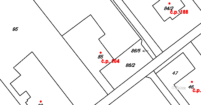 Žabeň 104 na parcele st. 85 v KÚ Žabeň, Katastrální mapa