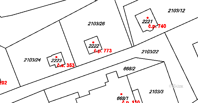 Ostravice 773 na parcele st. 2222 v KÚ Ostravice 1, Katastrální mapa