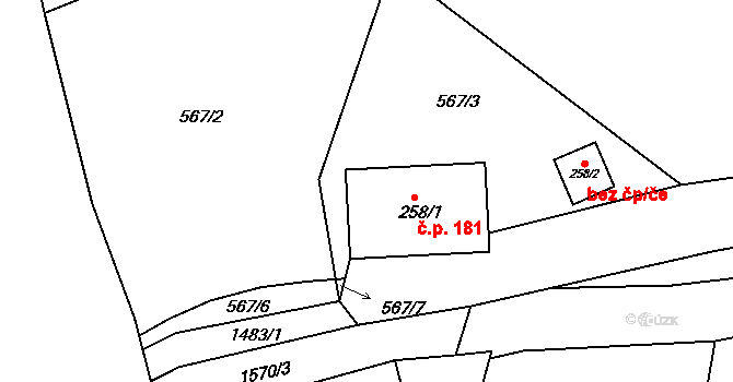 Horní Lipová 181, Lipová-lázně na parcele st. 258/1 v KÚ Horní Lipová, Katastrální mapa