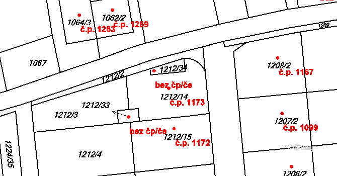Hulín 1173 na parcele st. 1212/14 v KÚ Hulín, Katastrální mapa
