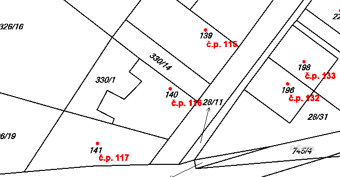 Střelice 116, Uničov na parcele st. 140 v KÚ Střelice u Litovle, Katastrální mapa