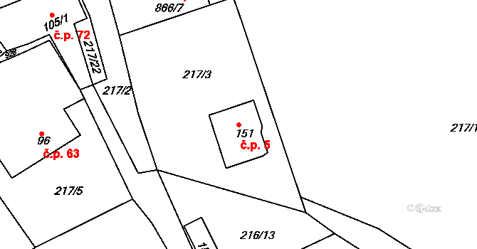 Libošovice 5 na parcele st. 151 v KÚ Libošovice, Katastrální mapa