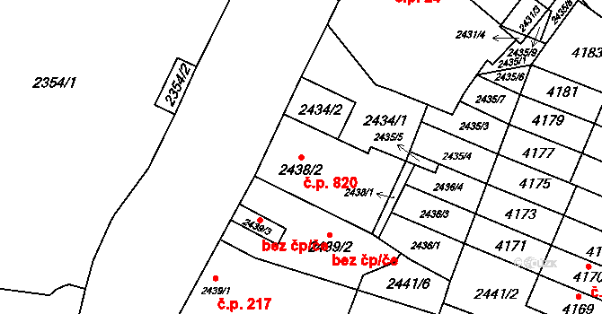 Řečkovice 820, Brno na parcele st. 2438/2 v KÚ Řečkovice, Katastrální mapa