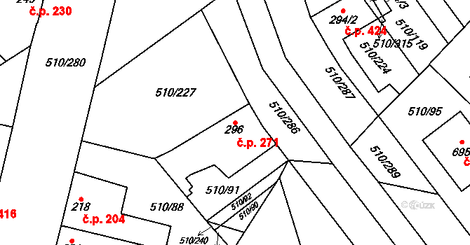 Sendražice 271, Kolín na parcele st. 296 v KÚ Sendražice u Kolína, Katastrální mapa