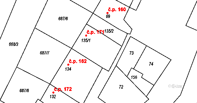 Povlčín 171, Milostín na parcele st. 135/1 v KÚ Milostín, Katastrální mapa