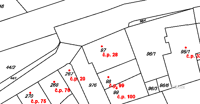 Satalice 28, Praha na parcele st. 97 v KÚ Satalice, Katastrální mapa