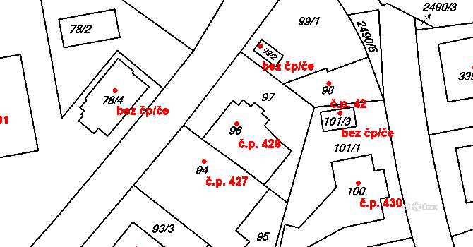 Hloubětín 428, Praha na parcele st. 96 v KÚ Hloubětín, Katastrální mapa