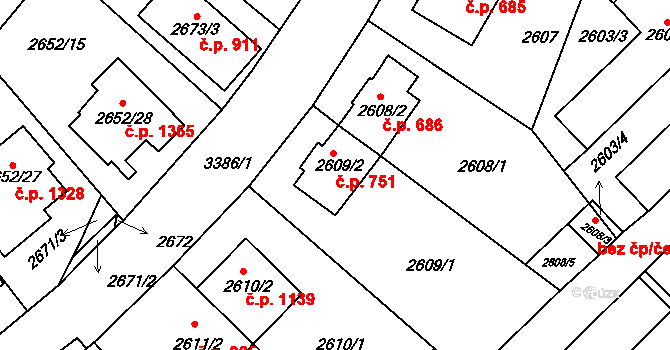 Michle 751, Praha na parcele st. 2609/2 v KÚ Michle, Katastrální mapa