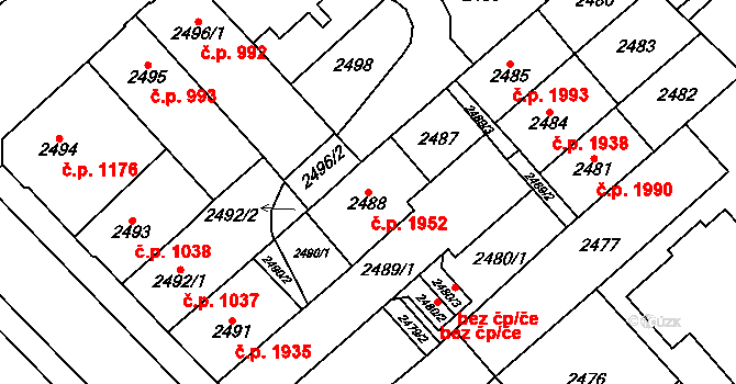 Chomutov 1952 na parcele st. 2488 v KÚ Chomutov I, Katastrální mapa