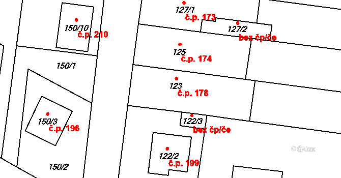 Kovalovice 178 na parcele st. 123 v KÚ Kovalovice, Katastrální mapa