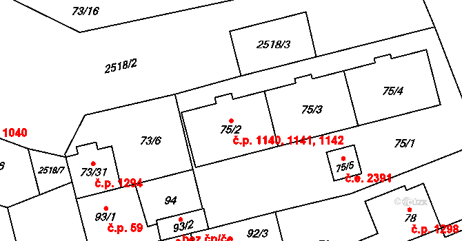 Doubravka 1140,1141,1142, Plzeň na parcele st. 75/2 v KÚ Doubravka, Katastrální mapa
