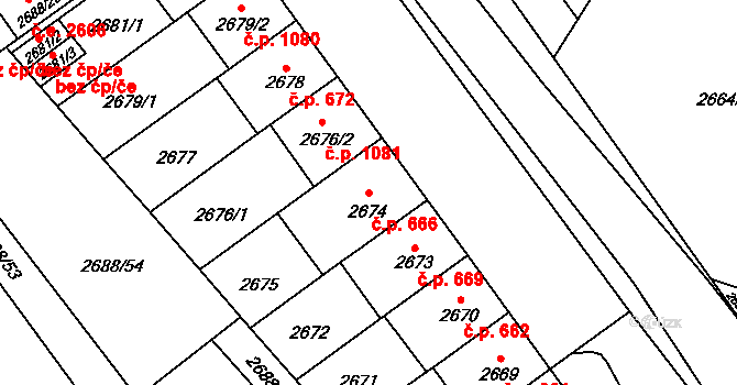 Lobzy 666, Plzeň na parcele st. 2674 v KÚ Plzeň, Katastrální mapa