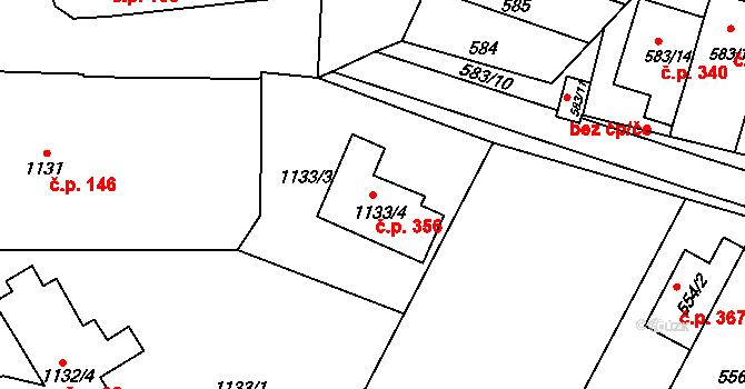 Lipůvka 356 na parcele st. 1133/4 v KÚ Lipůvka, Katastrální mapa