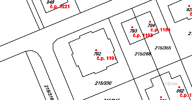 Rudná 1191 na parcele st. 792 v KÚ Hořelice, Katastrální mapa
