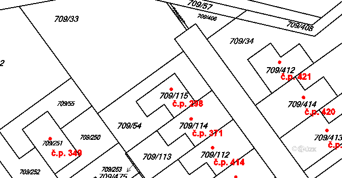 Popůvky 298 na parcele st. 709/115 v KÚ Popůvky u Brna, Katastrální mapa