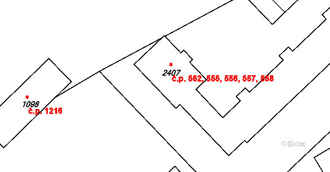 Veselí nad Moravou 555,556,557,558,562 na parcele st. 2407 v KÚ Veselí-Předměstí, Katastrální mapa
