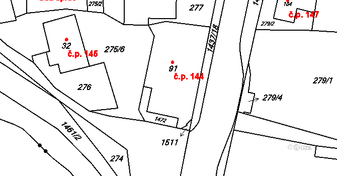 Tylov 144, Lomnice na parcele st. 91 v KÚ Tylov, Katastrální mapa