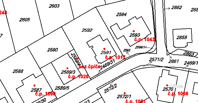 Žďár nad Sázavou 5 1017, Žďár nad Sázavou na parcele st. 2591 v KÚ Město Žďár, Katastrální mapa
