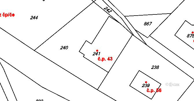 Bohuňov 43 na parcele st. 241 v KÚ Bohuňov, Katastrální mapa