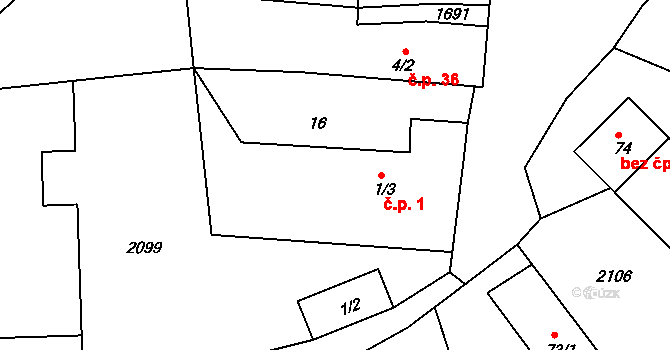 Úblo 1, Brumovice na parcele st. 1/3 v KÚ Úblo, Katastrální mapa