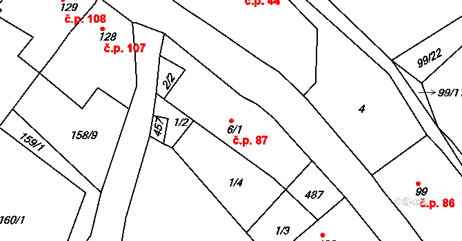 Dolní Bělá 87 na parcele st. 6/1 v KÚ Dolní Bělá, Katastrální mapa