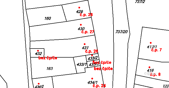 Olivětín 26, Broumov na parcele st. 431 v KÚ Broumov, Katastrální mapa