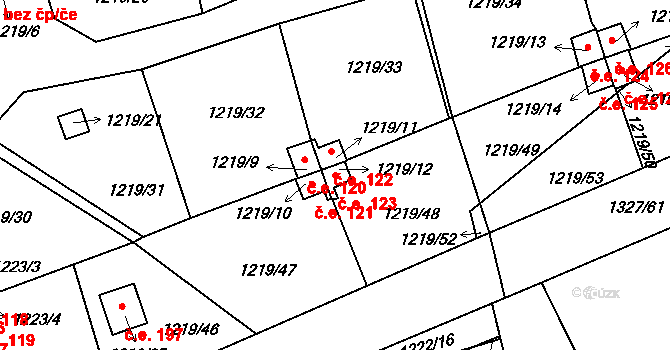Vejprnice 123 na parcele st. 1219/12 v KÚ Vejprnice, Katastrální mapa