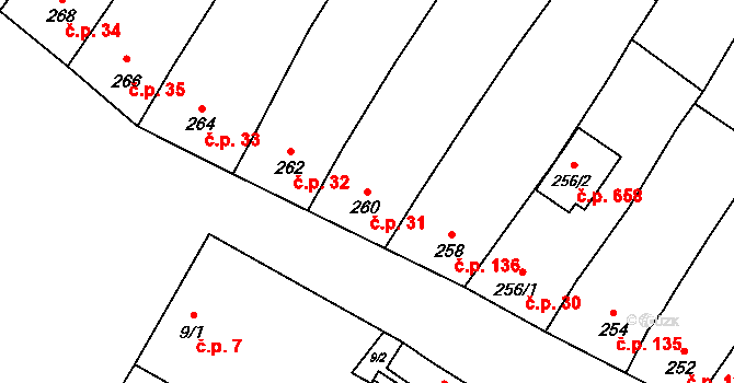 Rájec 31, Rájec-Jestřebí na parcele st. 260 v KÚ Rájec nad Svitavou, Katastrální mapa