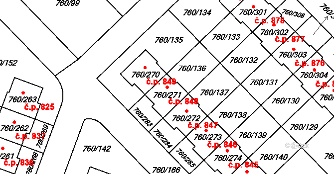 Letňany 848, Praha na parcele st. 760/271 v KÚ Letňany, Katastrální mapa