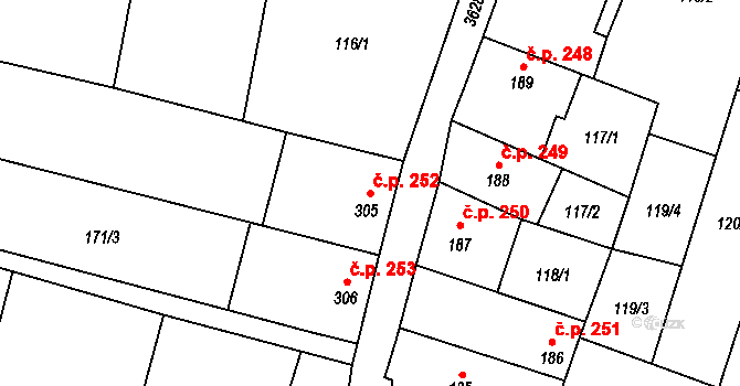Ptení 252 na parcele st. 305 v KÚ Ptení, Katastrální mapa