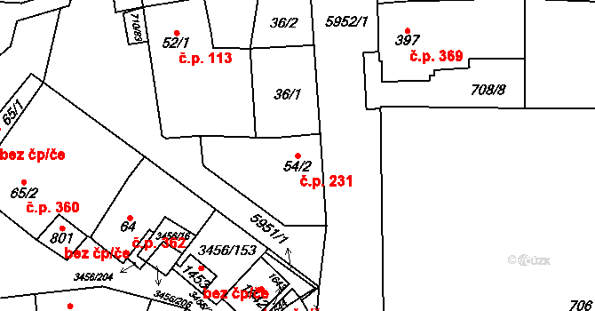 Hrušovany nad Jevišovkou 231 na parcele st. 54/2 v KÚ Hrušovany nad Jevišovkou, Katastrální mapa