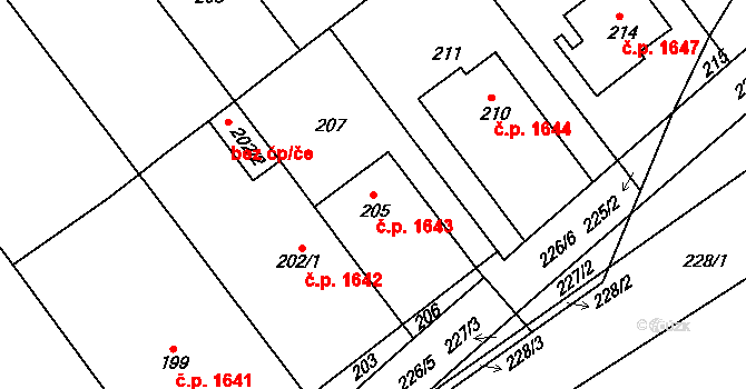 Polánka 1643, Moravský Krumlov na parcele st. 205 v KÚ Polánka u Moravského Krumlova, Katastrální mapa