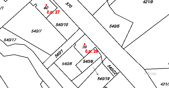Nivy 28, Děpoltovice na parcele st. 39 v KÚ Nivy, Katastrální mapa