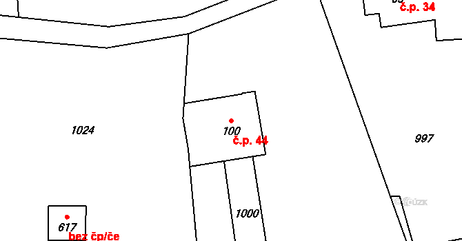 Alšovice 44, Pěnčín na parcele st. 100 v KÚ Alšovice, Katastrální mapa
