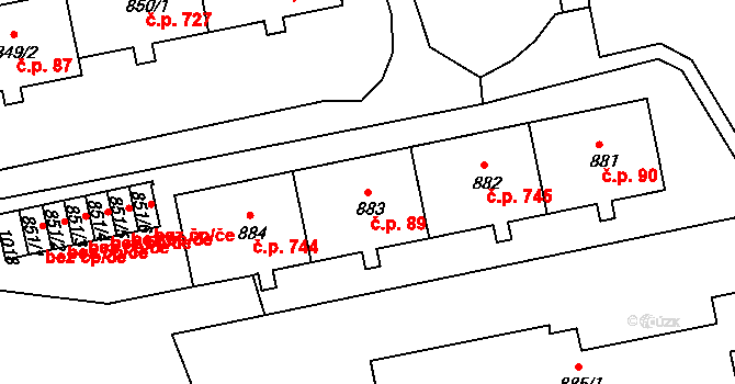 Luby 89 na parcele st. 883 v KÚ Luby I, Katastrální mapa